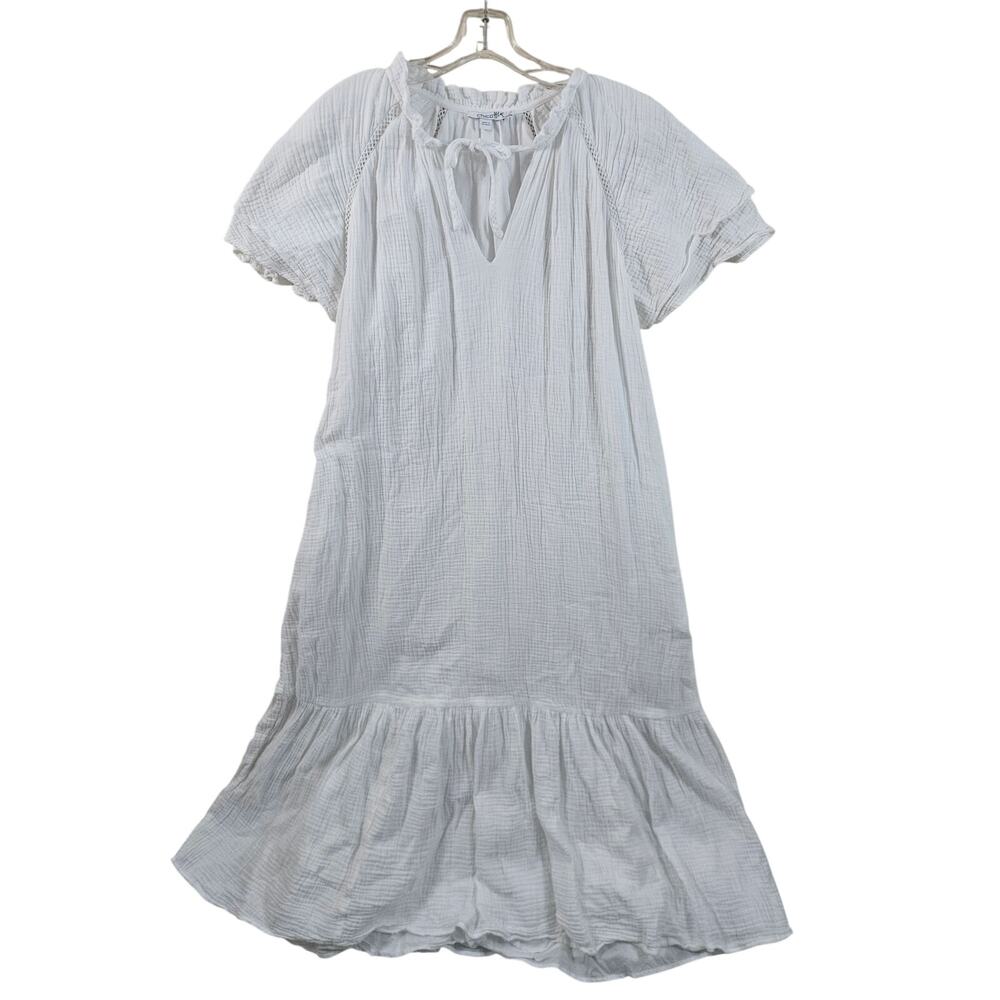 Chico's Flutter Sleeve Tie Neck Shift Dress Cotton Lined Maxi with Pockets Lace